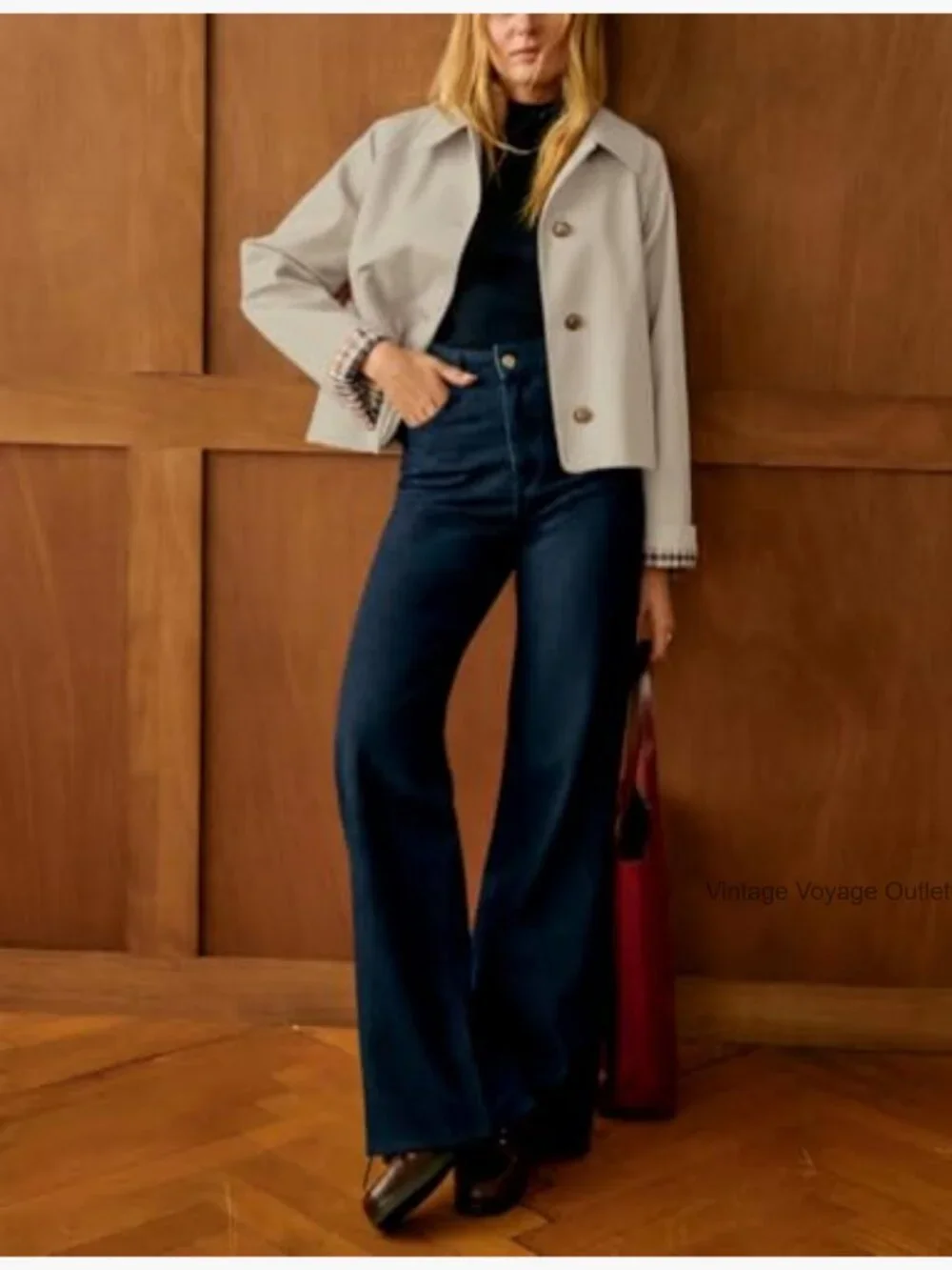 Women's Oversized Trench Coat Casual Jacket with Plaid Lining Pockets - Picture 3 of 7